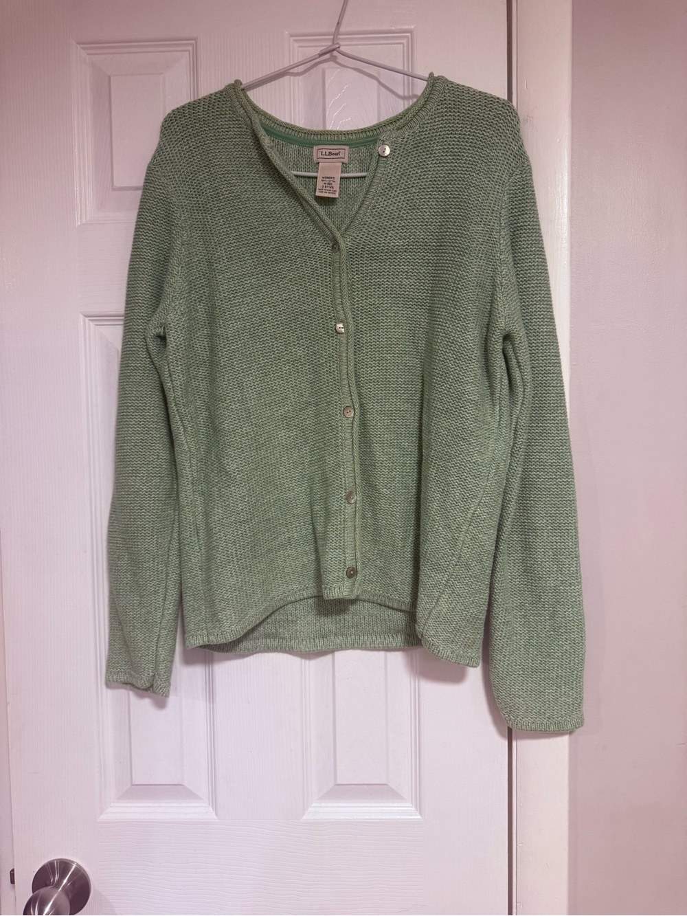 Vintage L.L.Bean Women’s Medium Sage Green Rolled Neck 100% Cotton Cardigan